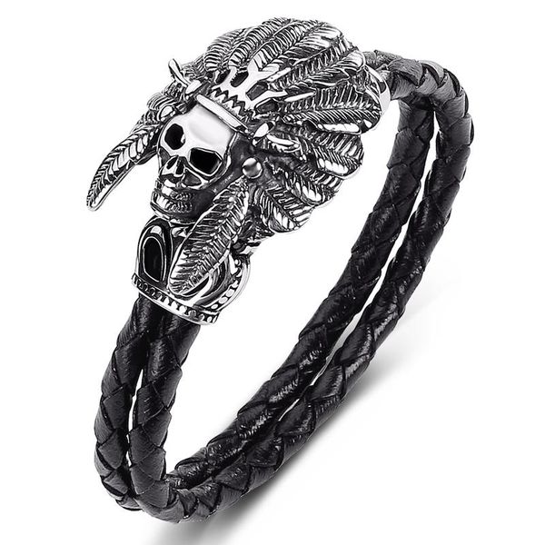 

charm bracelets stainless steel chief skull genuine leather bracelet men punk rock jewelry fashion bangles male braided wrist band p5, Golden;silver