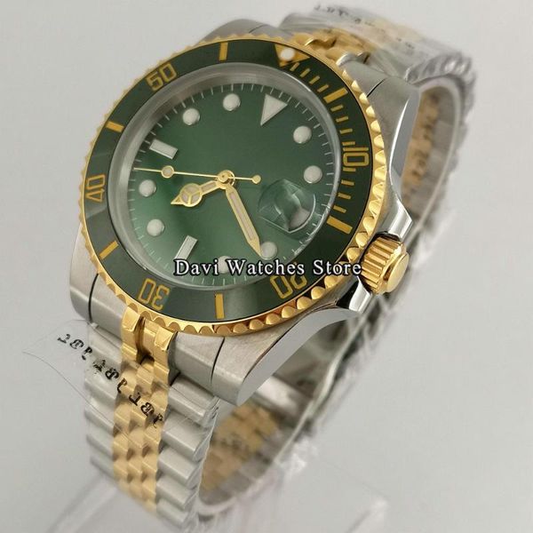 

wristwatches 40mm sterile green dial bezel gold-rimmed case sapphire glass 24 jewels japan nh35 automatic movement, Slivery;brown