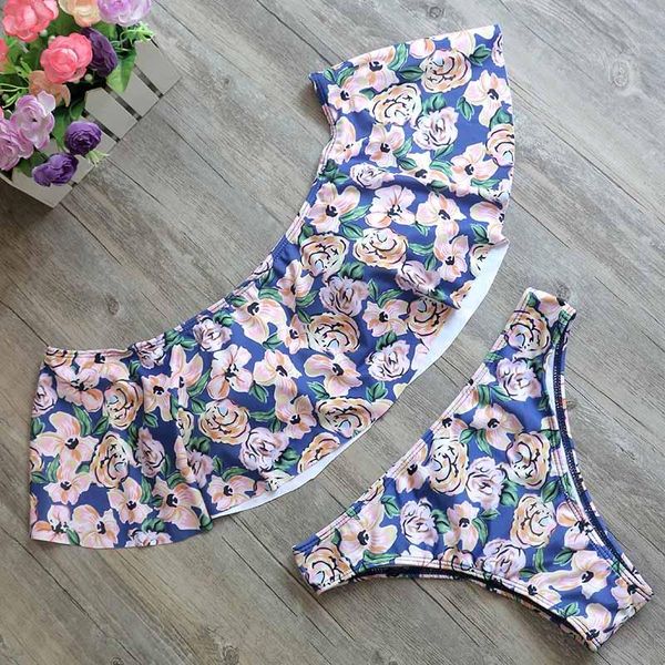 

women's swimwear women lady bandage floral ruffle bikini set push-up padded bra bathing suit swimsuit, White;black