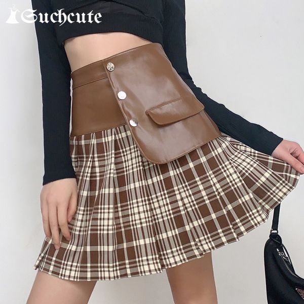 

casual dresses preppy style brown plaid patchwork mini skirt for women streetwear korean high waisted y2k pleated xycm, Black;gray
