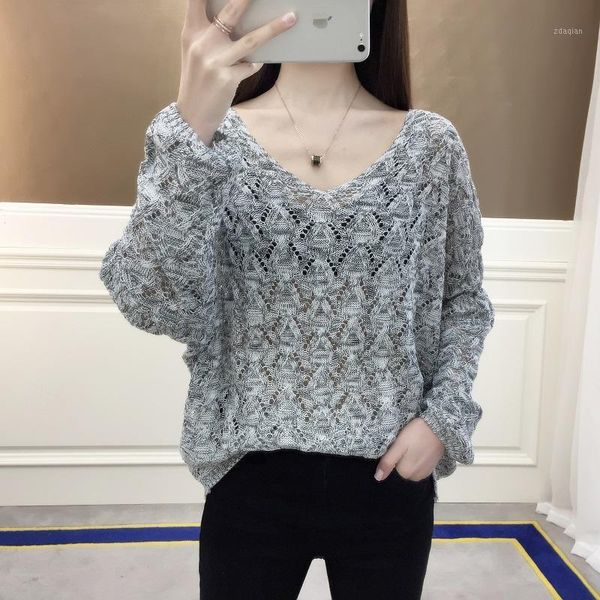 

edition hollow out the bat sleeve v-neck loose temperament ol knitting base set of qiu dong wear female head outside women's sweaters, White;black