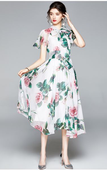 

cross-border summer dresses butterfly short-sleeved printing tie stand-up collar printed chiffon elegant holiday dress, Black;pink
