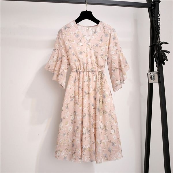 

spring summer chiffon dress women v-neck floral print short dresses sweet ruffle sleeeve slim drawstring ladies dress, Black;gray