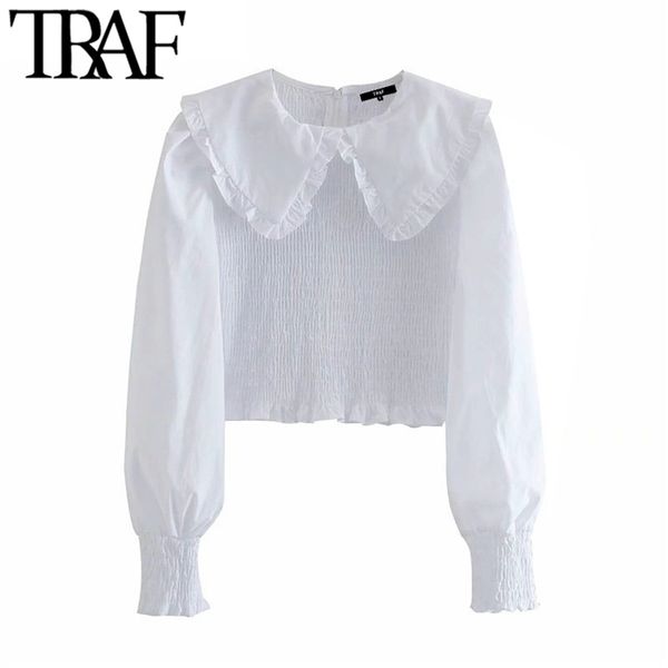 

women fashion smocked elastic ruffled cropped blouses vintage long sleeve back zipper female shirts chic 210507, White