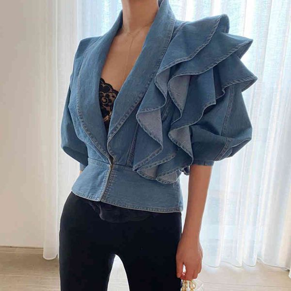 

denim blouse female spring summer clothing autumn patchwork ruffle tunic shirt women v neck half sleeve 210510, White