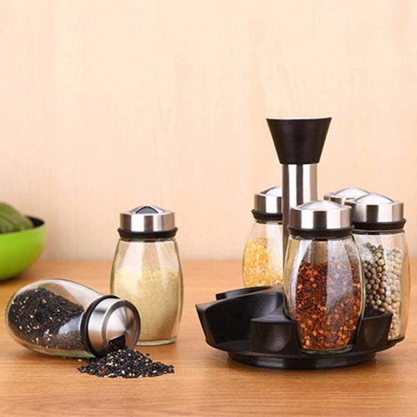 

storage bottles & jars 7pcs/set steel glass cruet condiment spice set salt pepper shakers seasoning sprays rotating stainless