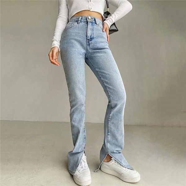 

straight high waist classic retro women jeans washed pants blue splits at ankles slim denim long pante