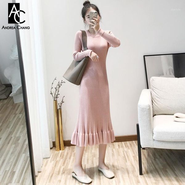 

casual dresses  spring autumn winter woman dress pink blue black beige knitted ruffle bottom calf length pleated fashion, Black;gray