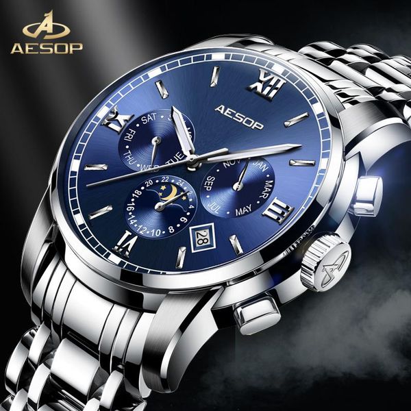 

wristwatches aesop luxury men's watch business casual mechanical waterproof 30m luminous small three hands reloj de hombre, Slivery;brown