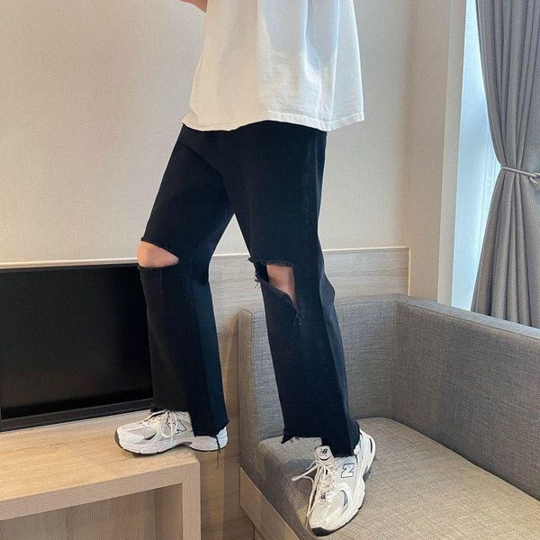 

men's jeans summer ripped fashion casual wide-leg men streetwear korean loose hip-hop hole straight denim trousers mens, Blue