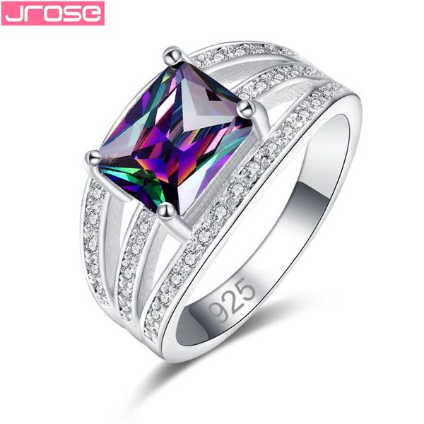 

cluster rings jrose luxury exaggerated rainbow green zircon ring for women fashion geometric band party silver 925 jewelry size 6-9, Golden;silver
