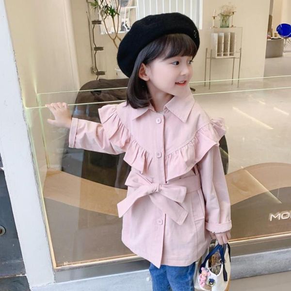 

coat children trench 2021 autumn toddler girls solid wood ear long windbreaker with belt england style for 2-8yrs, Blue;gray