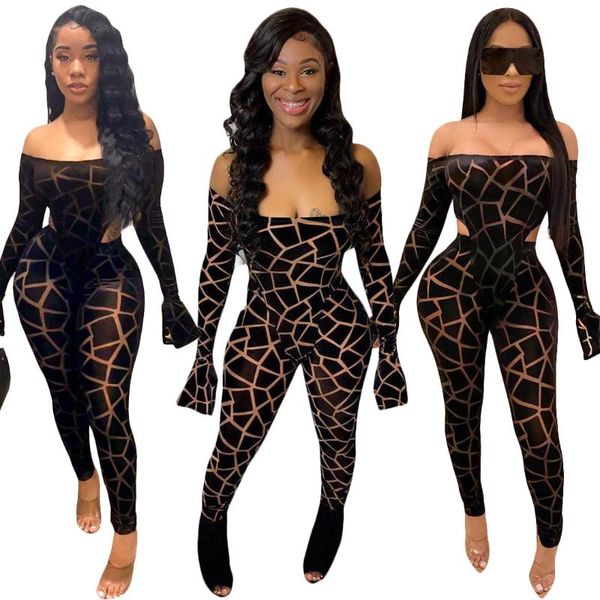

women's jumpsuits & rompers women casual skinny pants and geometric mesh see through bodysuit two piece set jumpsuit, Black;white