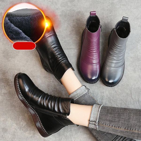 

boots autumn women's shoes winter warm pu leather ankle woman fashion ladies flat zipper non-slip female footwear 2021, Black