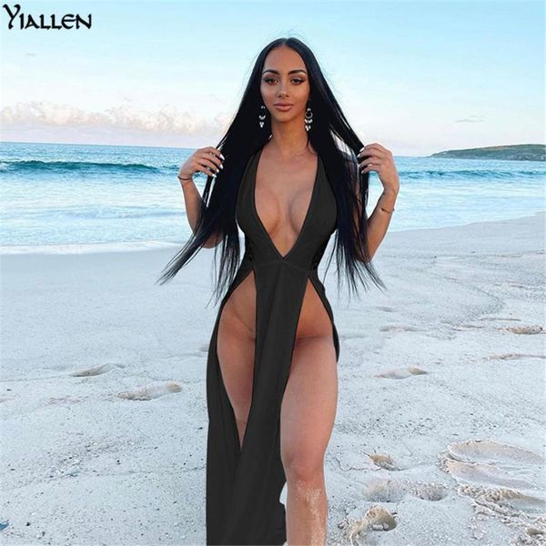 

casual dresses yiallen women summer solid v neck low chest hollow out sleeveless beach vacation long white party wear, Black;gray