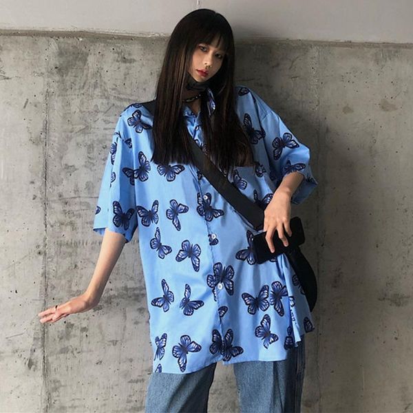 

harajuku oversize shirts women blouses high street bf style 2021 summer butterfly print short sleeve women's &, White