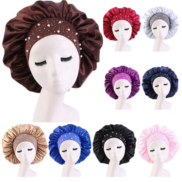 

large women beauty satin silky bonnet sleep night cap head cover hat turban wide elastic band hair care shower scarf nightcap, Blue;gray