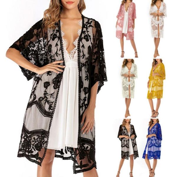 

women's swimwear bohemian women beach cover-ups cardigan lace floral crochet sheer bikinsi cover up beachwear long for, White;black