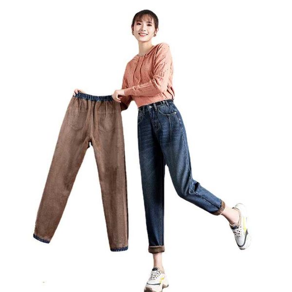 

women's jeans elastic waist winter cashmere female slim straight loose warm harlan, Blue