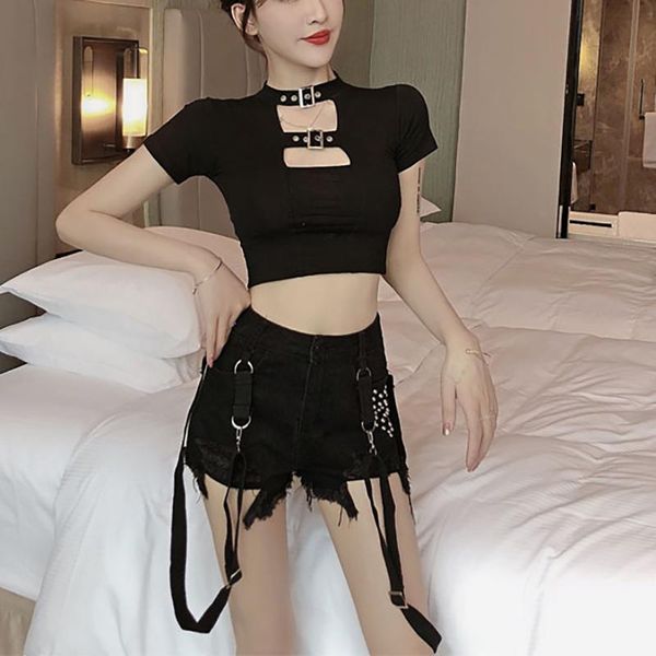 

women's jeans black punk suit hollow short t-shirt crop high waist tassel strap rivet denim shorts women two-piece set, Blue