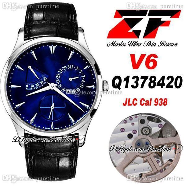 ZF V6 Master Ultra Thin Réserve de Marche Sa938 Mens Automático Assista Q1378480 38mm Power Reserve Caso de aço Blue Dial Black Leather Super Edition Watches Puretime B2