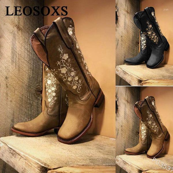 

boots women woman knee high ladies flower shoes female pu leather heels soft black botas girls brand square toe1
