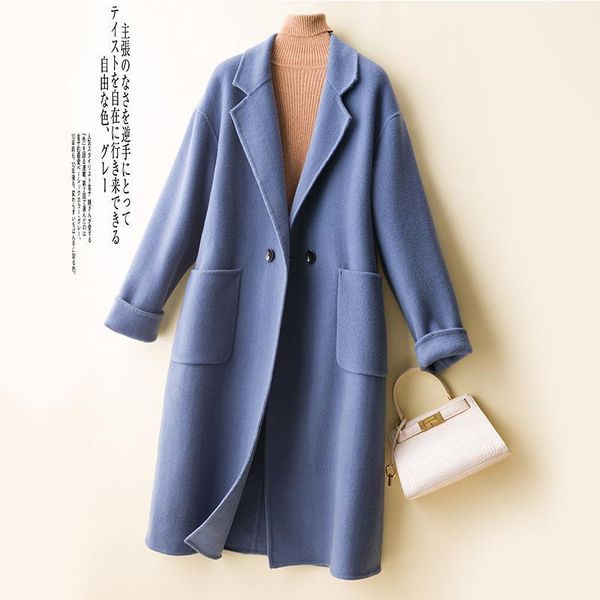 

women's wool & blends 2021 medium length suit collar coat 100 wear solid, Black