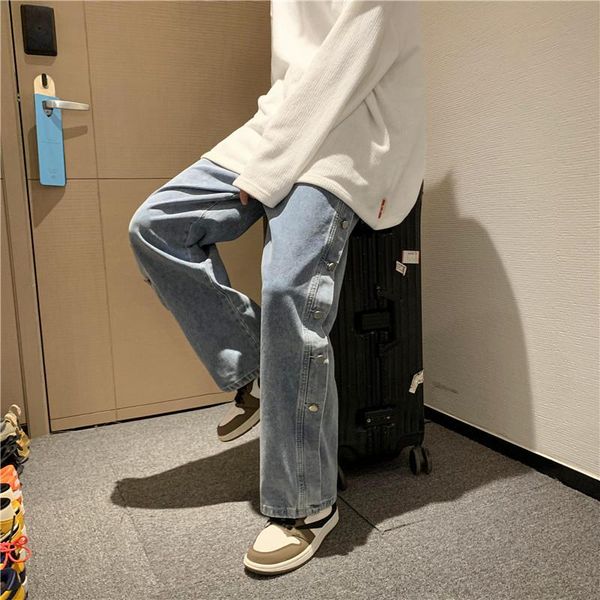 

men jeans loose big size 2xl mens white jean wide leg trousers solid buttons korean fashion style casual daily students streetwear leisure, Blue