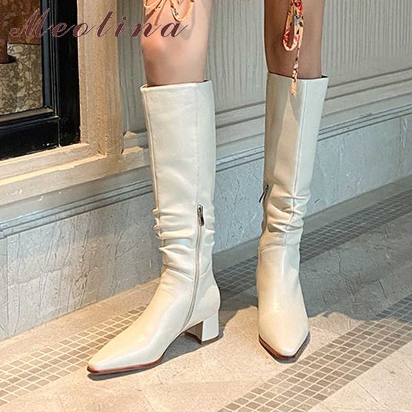 

meotina med heel knee high boots woman boots pleated chunky heel shoes zip pointed toe long boots ladies autumn beige apricot 39 210608, Black