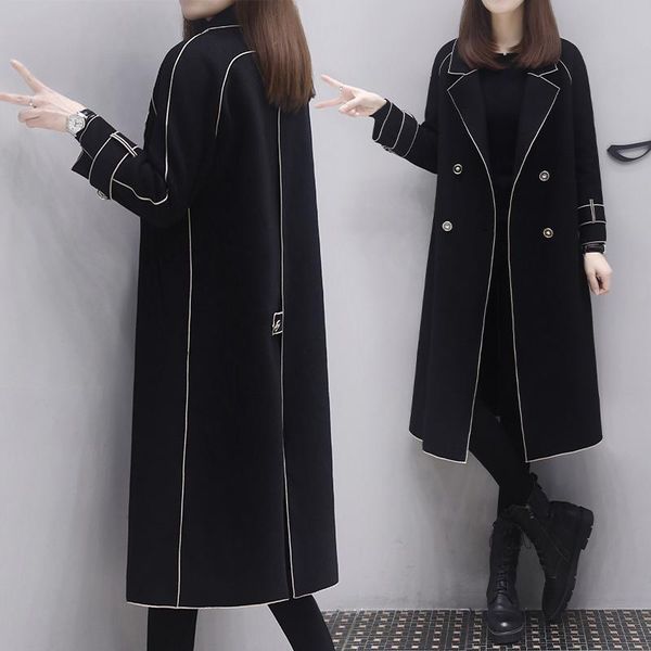 

high end mid long double-sided cashmere coat women's 2021 spring dress three-dimensional loose slim temperament tweed wool & blends, Black