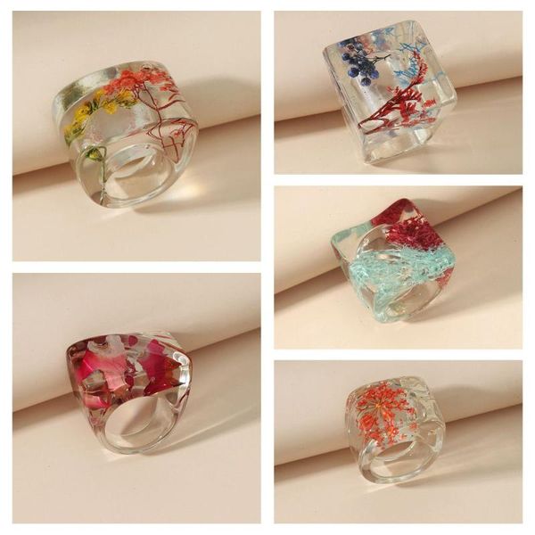 

cluster rings luxury transparent acrylic dried flowers resin big ring for women exaggeration beautiful rose flower plant jewelry gift, Golden;silver