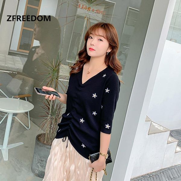 

women's sweaters 2021 summer wear sweater drawstring v-neck web celebrity ice silk blouse, White;black