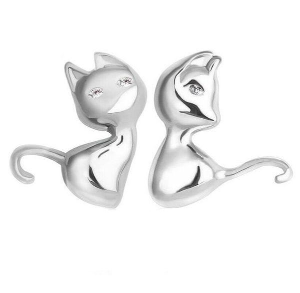 

girls fashion 925 silver smooth cat small stud earrings for baby kids children women cute animal party jewelry ed147, Golden;silver