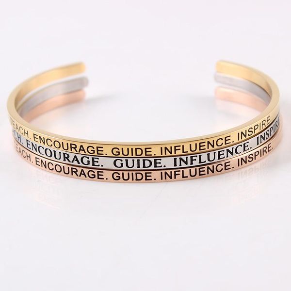 

bangle stainless steel engraved ''teach encourage guide influence inspire'' positive quote handmade cuff mantra bracelet, Black