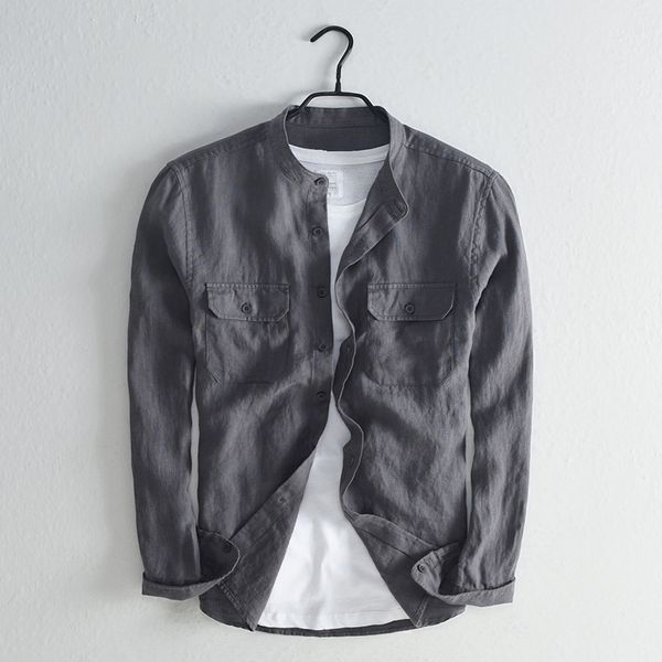 

fashion tooling linen shirt men's solid color stand collar long sleeve simple breathable linen clothes, White;black
