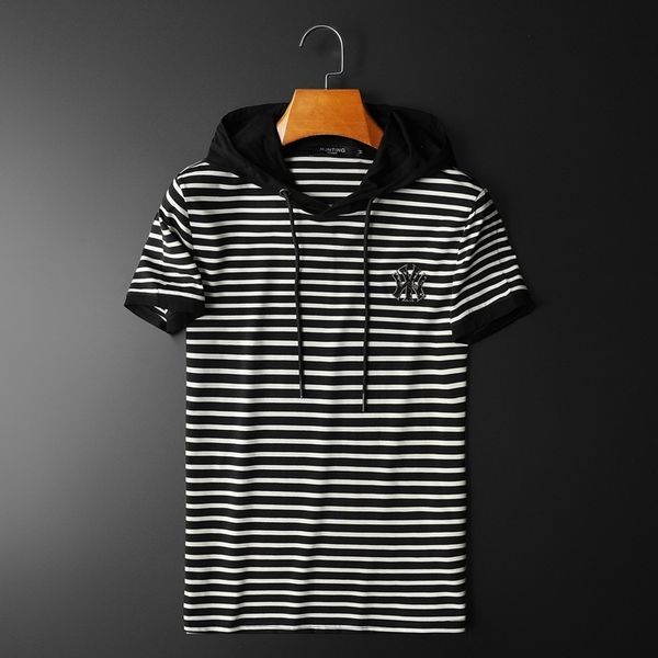 

fashion t shirts 2021 summer men's striped mercerized cotton casual exquisite hooded short sleeve embroidered versatile, White;black