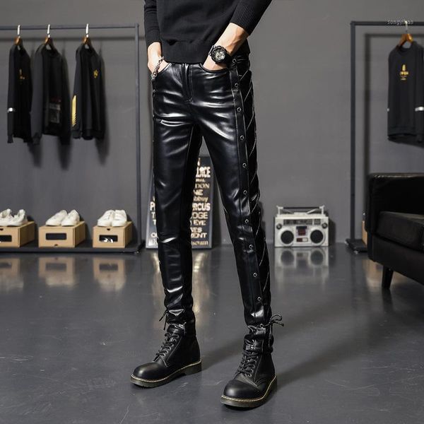 

men's threading decorative leather pants youth personality motorcycle black pu