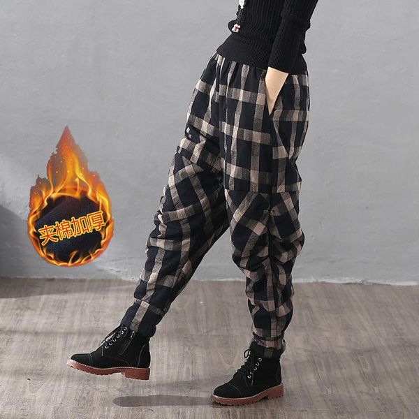 

women's pants & capris harem trousers 2021 winter chinese style women ethnic vintage plaid elastic waist loose long cotton linen, Black;white