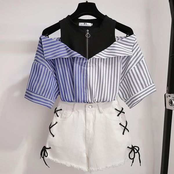 

two piece dress plus size 2 pieces shorts sets summer sweet korean off shoulder and women clothing outfits, White