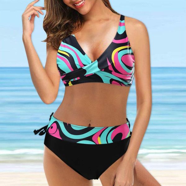 

one-piece suits swimwear women vintage swimsuit two piece retro halter ruched high waist print bikini set bikinis 2021 mujer