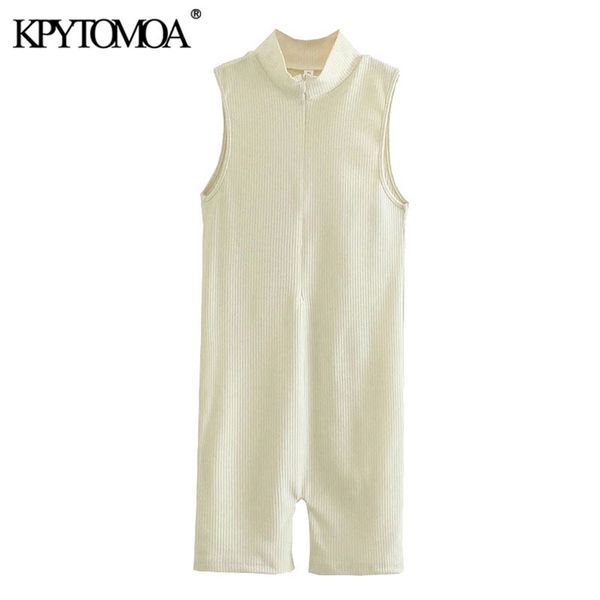 

women chic fashion zip-up ribbed knit playsuits vintage high neck sleeveless female jumpsuits mujer 210421, Black;white