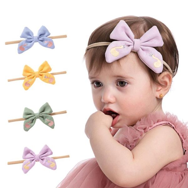

swan embroidery bowknot hairband elasticity baby headband pure color pography props born headwear girls hair accessories, Slivery;white