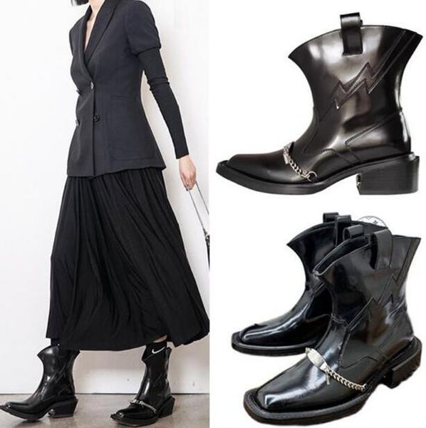 

boots british retro-black genuine square leather chelsea chains boots 45 millimeter woman low heels slide down punk street booty style rpxs