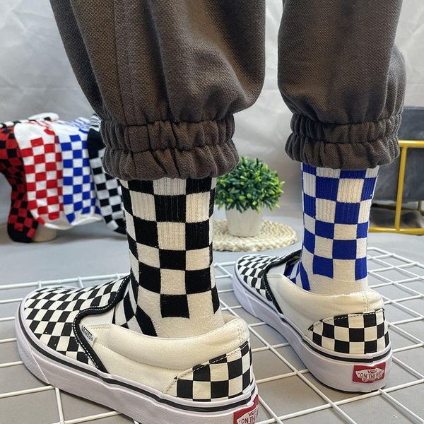 

men's socks korea harajuku fashion check street sports print skateboard hip hop geometric checkerboard, Black
