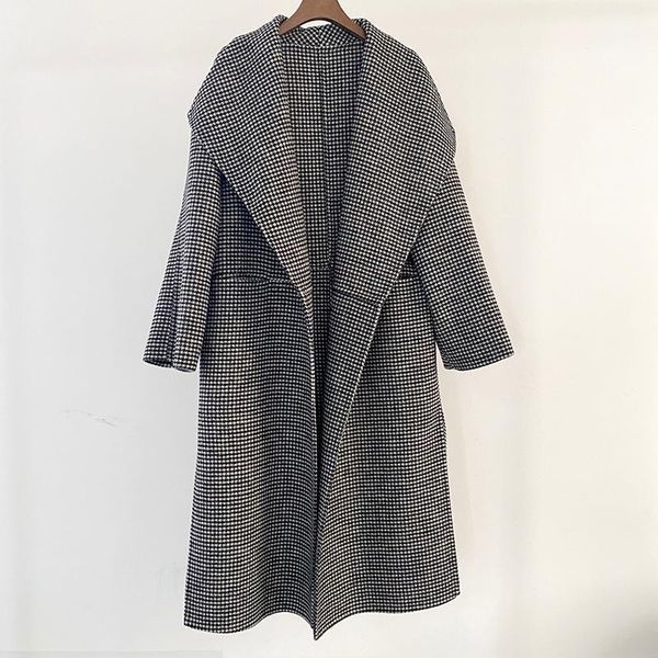 

women's wool & blends grey plaid coat mid-length loose autumn winter jacket, Black