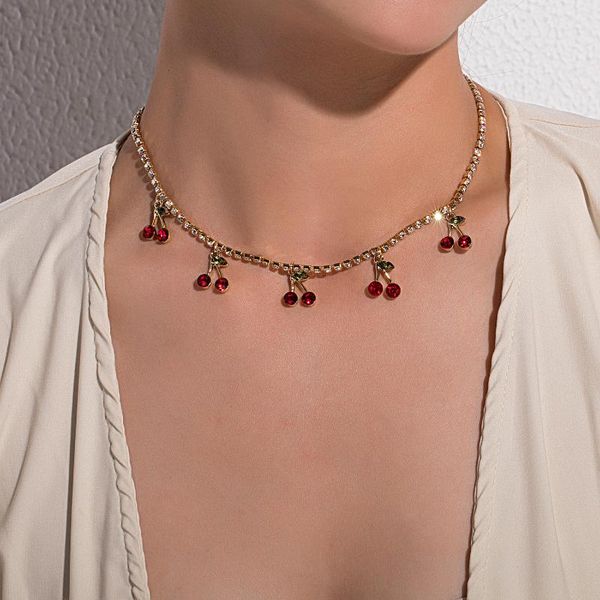 

chains vintage red cherry necklace female rhinestone clavicle chain, Silver