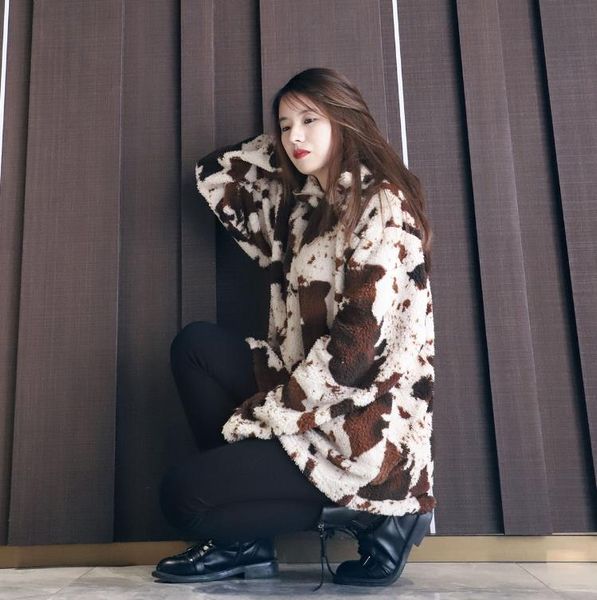 

women's hoodies & sweatshirts snow fleece cow pattern pullover parent- hoodie cotton-padded jacket, Black