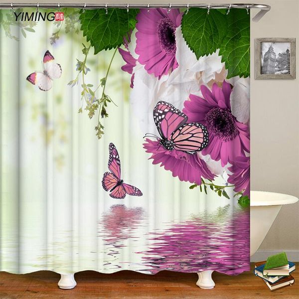 

bathroom curtain beautiful butterfly purple flower printing waterproof shower with hook home decoration bath curtains