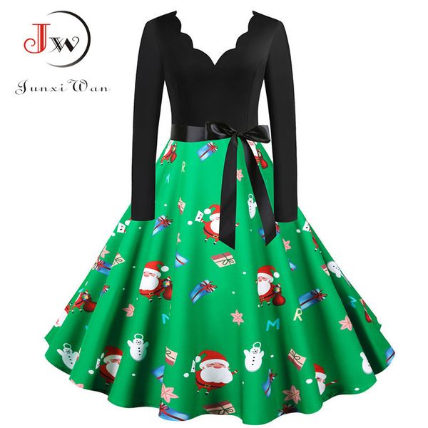 

women winter christmas dress vintage print swing elegant v neck year long sleeve party sundress robe plus size s~3xl 210510, Black;gray