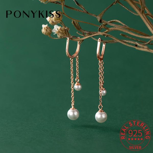 

hoop & huggie ponykiss classic s925 sterling silver pearl tessal chain earrings for women party fine jewelry minimlist accessory, Golden;silver
